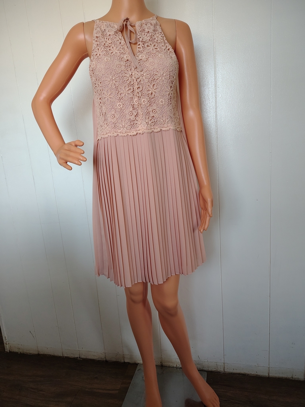 Greylin Sleeveless Blush Pink Lace & Pleated Dress Size L